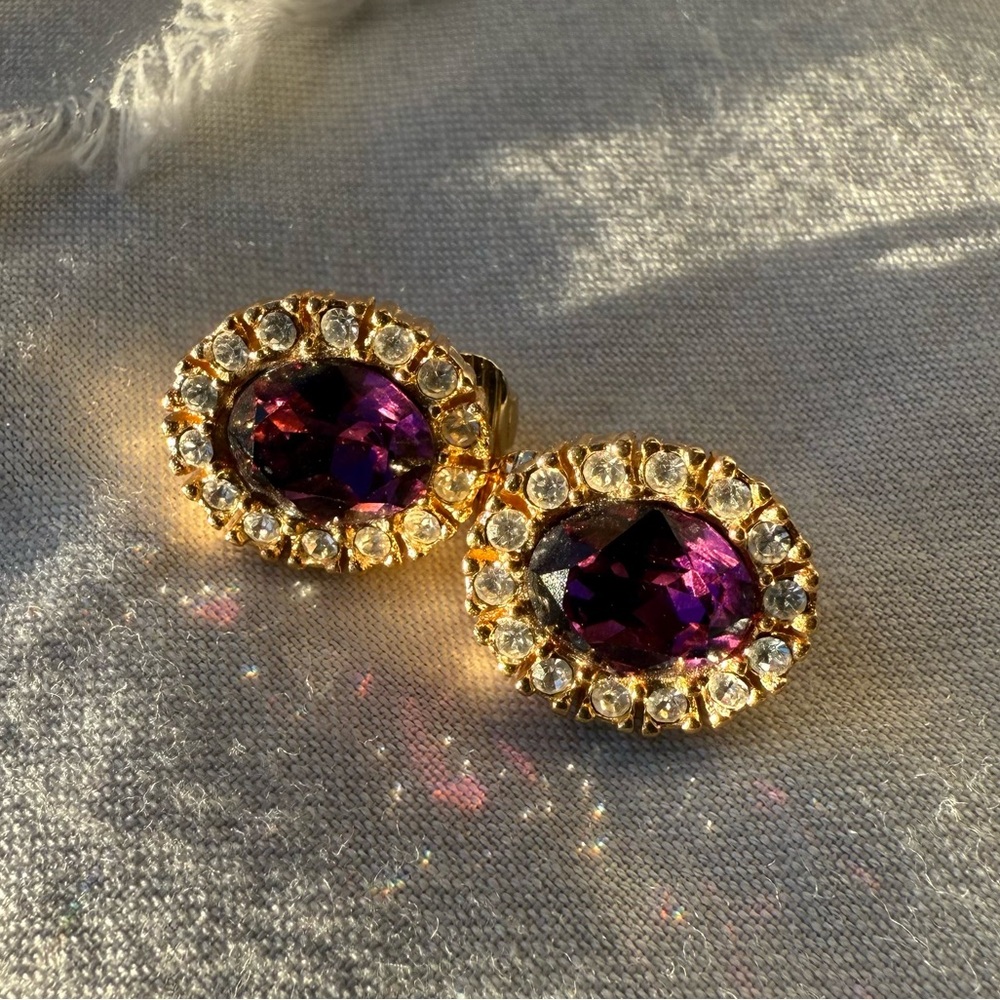 Christian Dior Amethyst Gold Plated Clip On Earrings Authentic Vintage - Picture 8 of 13